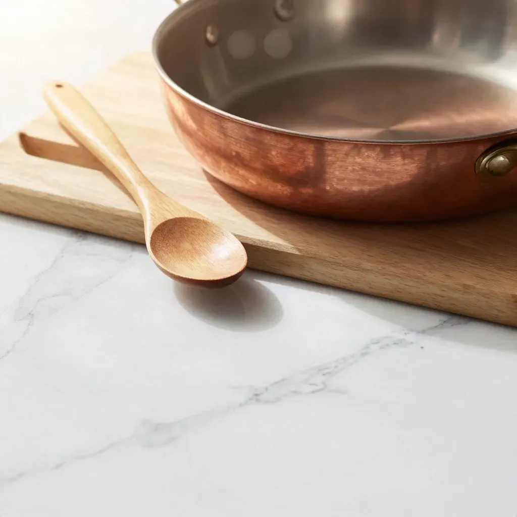 Copper pan, wooden spoons, and marble worktop in bright morning light