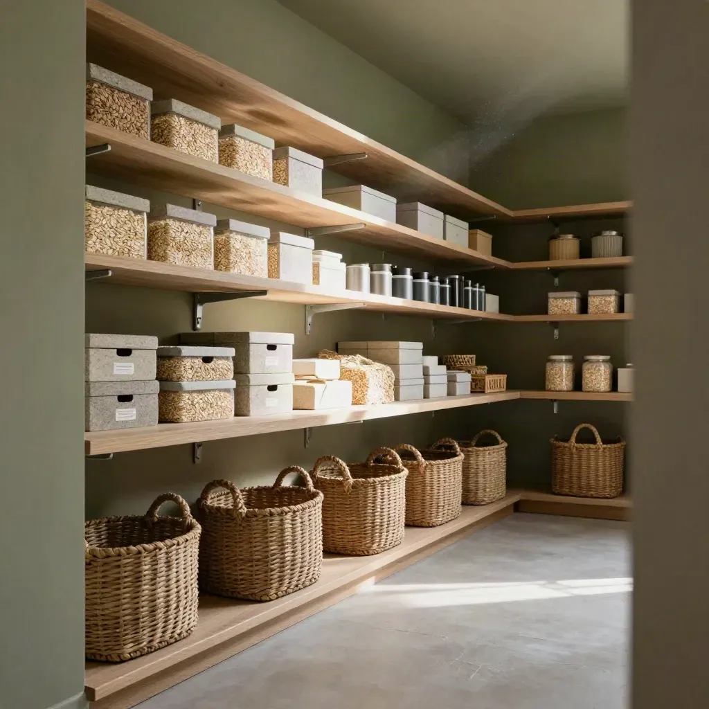 Sunlit pantry alcove with neutral boxes and woven baskets, calm lower space for copy.