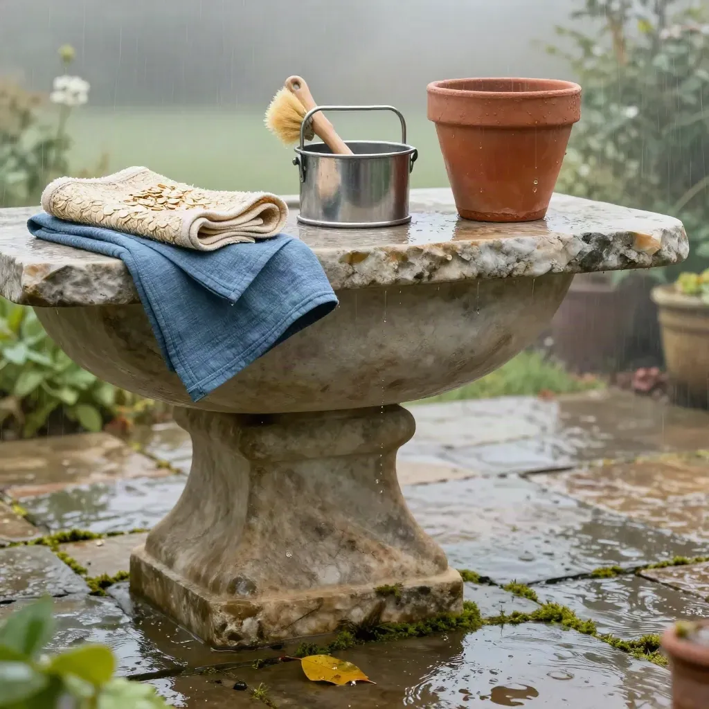 Rain-washed garden patio with stone basin, folded cloths and a small caddy in misty light.