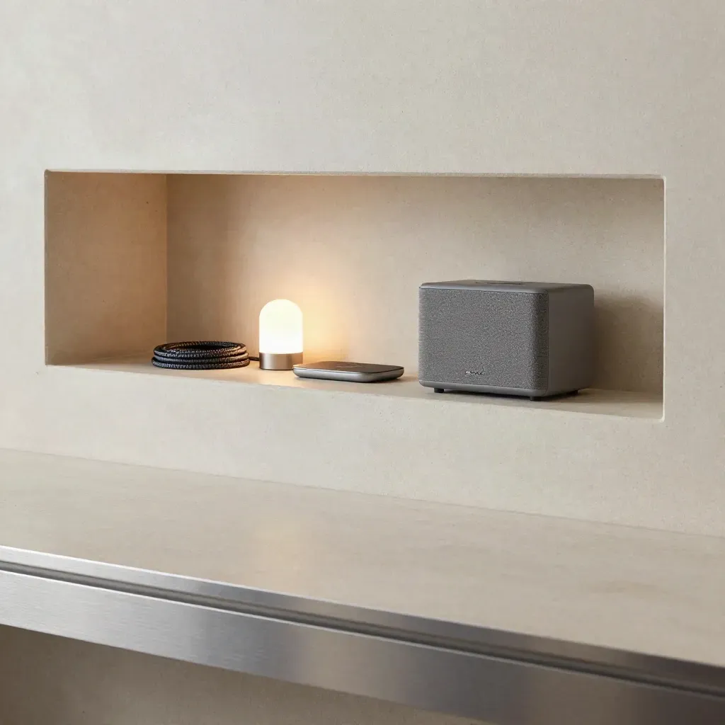 Tech gadgets in a concrete niche: charger dock, cable loops, lamp and matte speaker on a calm surface.