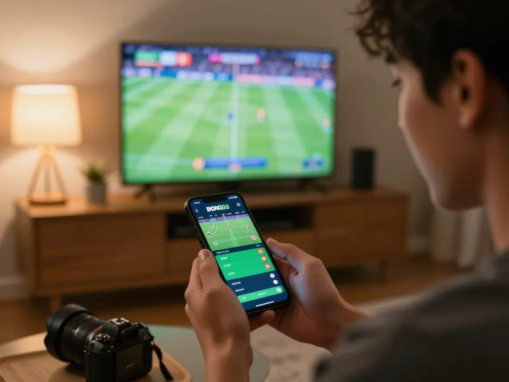 Person engaging with BONG88 sports betting app on a smartphone, showcasing live odds and home atmosphere.
