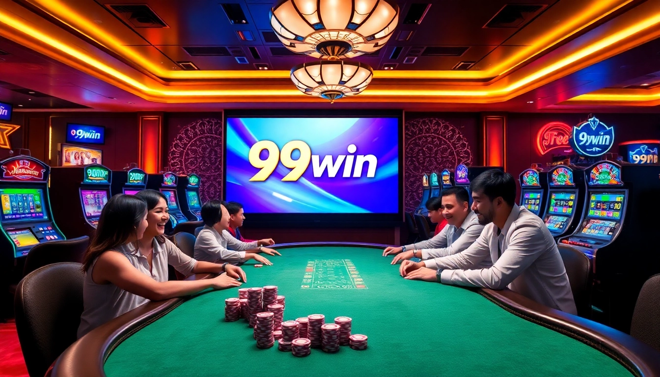 Players enjoying thrilling games at 99win's luxurious casino atmosphere with vibrant poker tables.