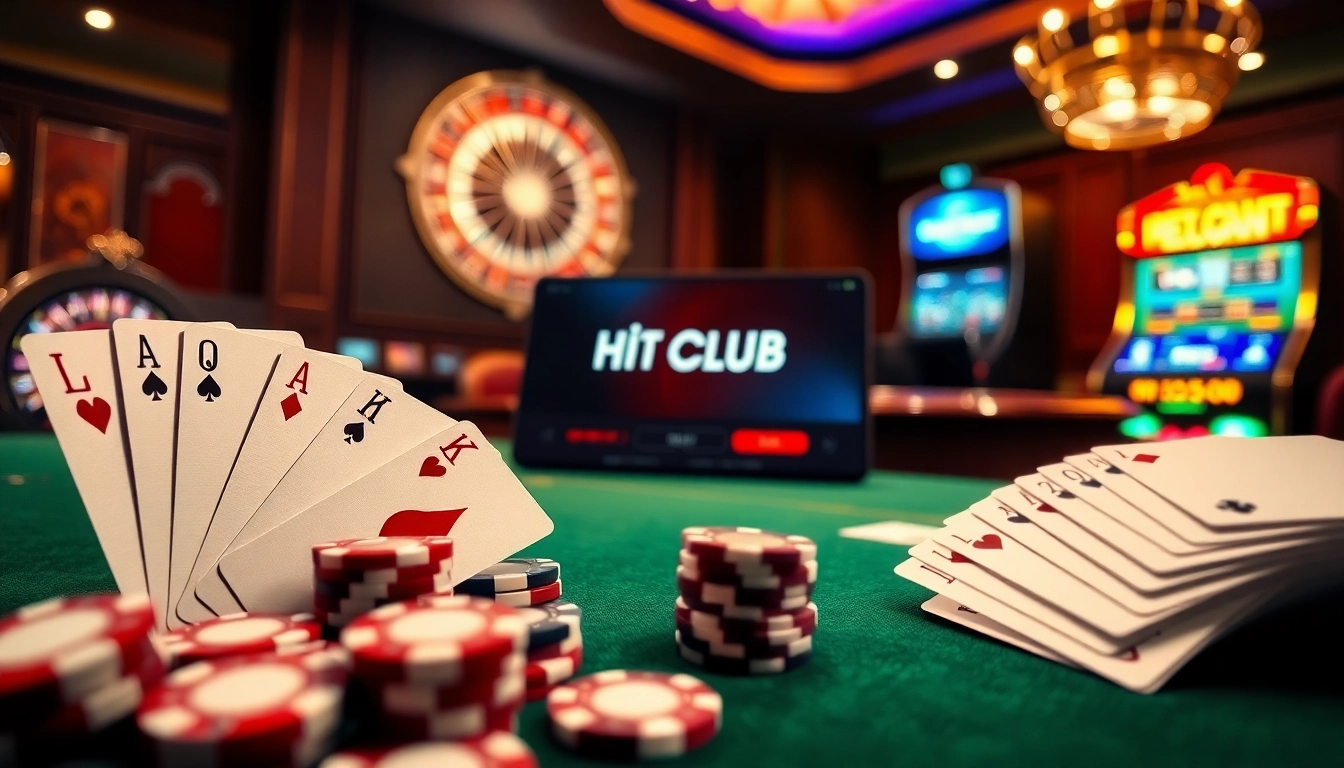 Tải HitClub app displayed on a luxurious casino interface with poker chips and cards, reflecting excitement.