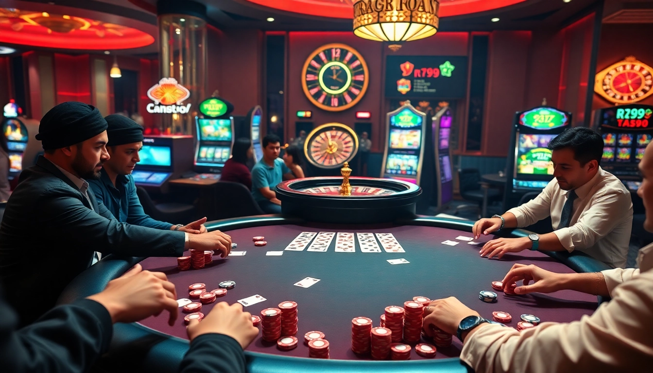 Players engaging intensely at a luxurious poker table in a casino setting, showcasing rr99 betting excitement.