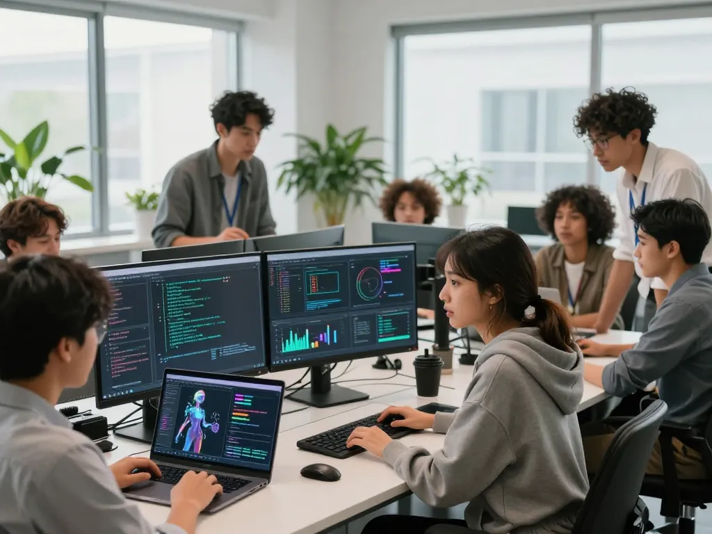 Team of developers working on sex AI project in a modern office environment, showcasing innovative technology and collaboration.