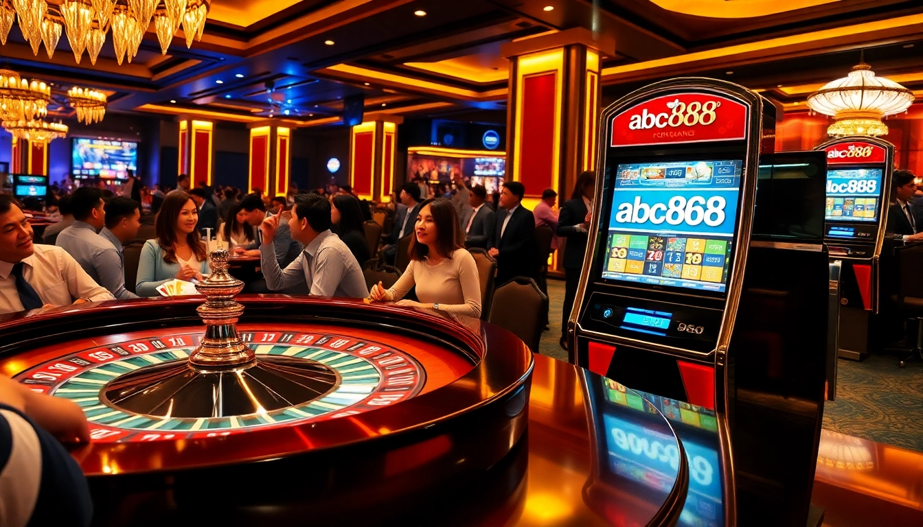 Players enjoying games at the abc888 casino, with exciting roulette and slot machines in view.