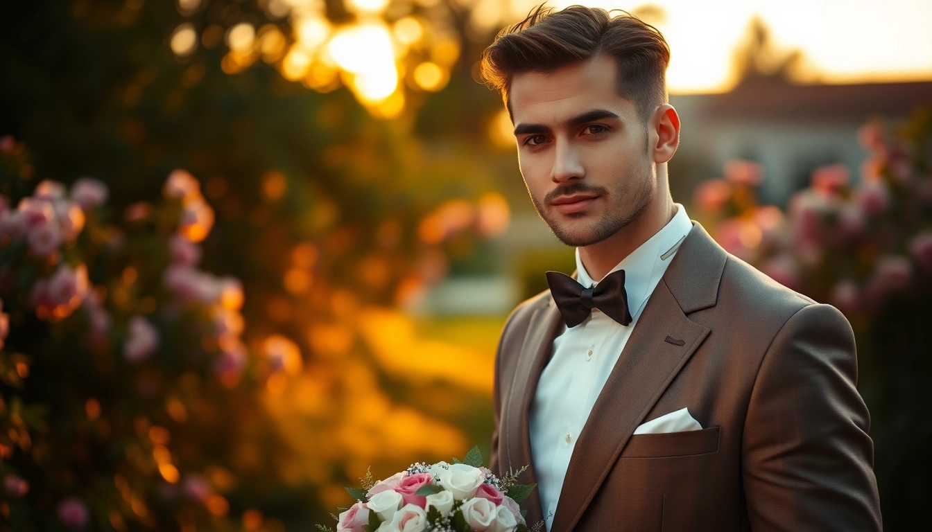 Model showcasing stylish designer menswear in a vibrant garden during sunset.