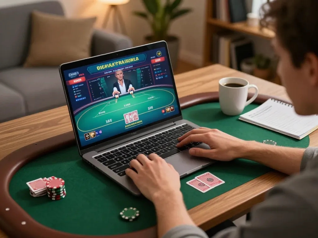 KJC player engaging in online poker game with strategic preparation and cozy home atmosphere.