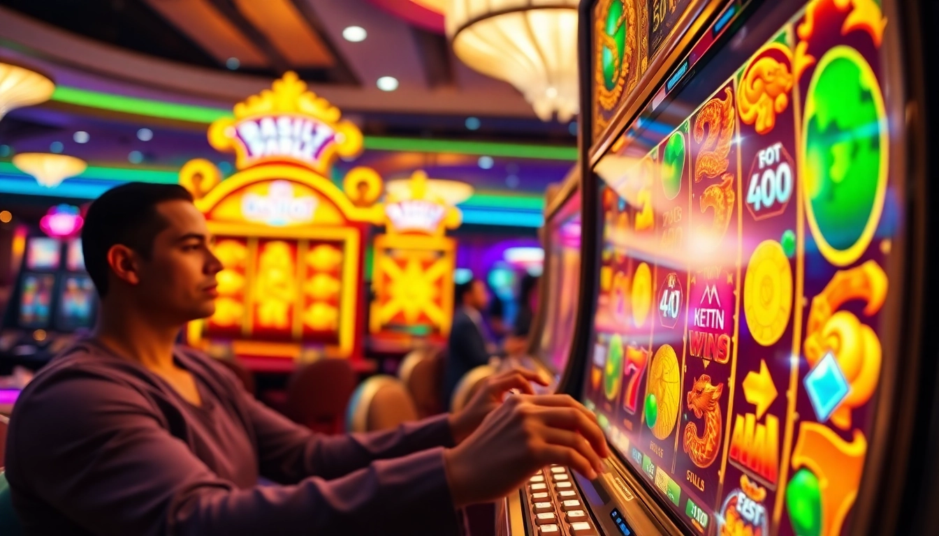 Excitement at a doaslot slot machine in a luxurious casino with vibrant colors.