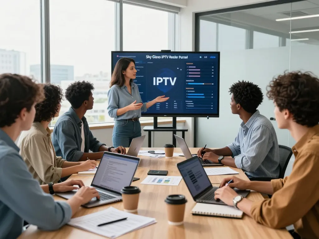 Entrepreneurs using the Sky Glass IPTV Reseller Panel to manage IPTV subscriptions in a modern office setting.