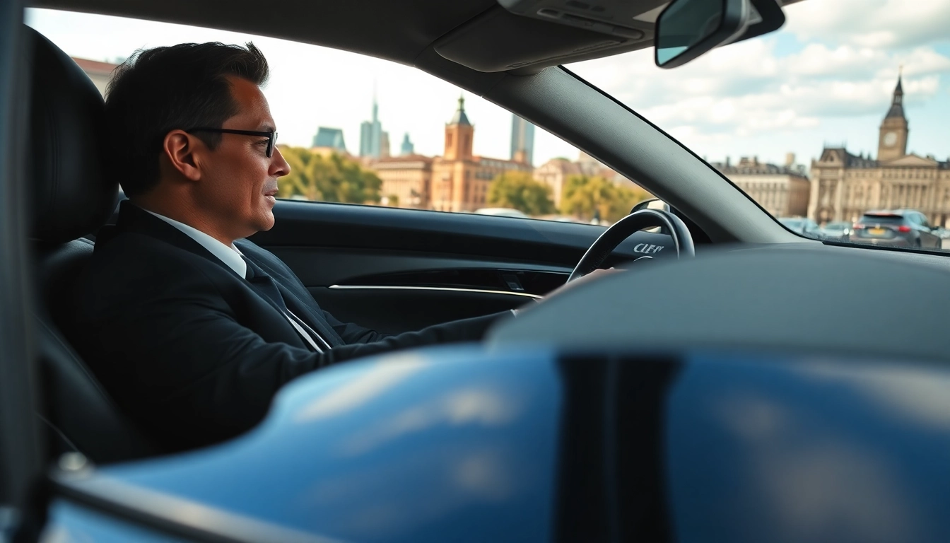 Chauffeur Hire with a professional driver in a luxury vehicle on a city street.