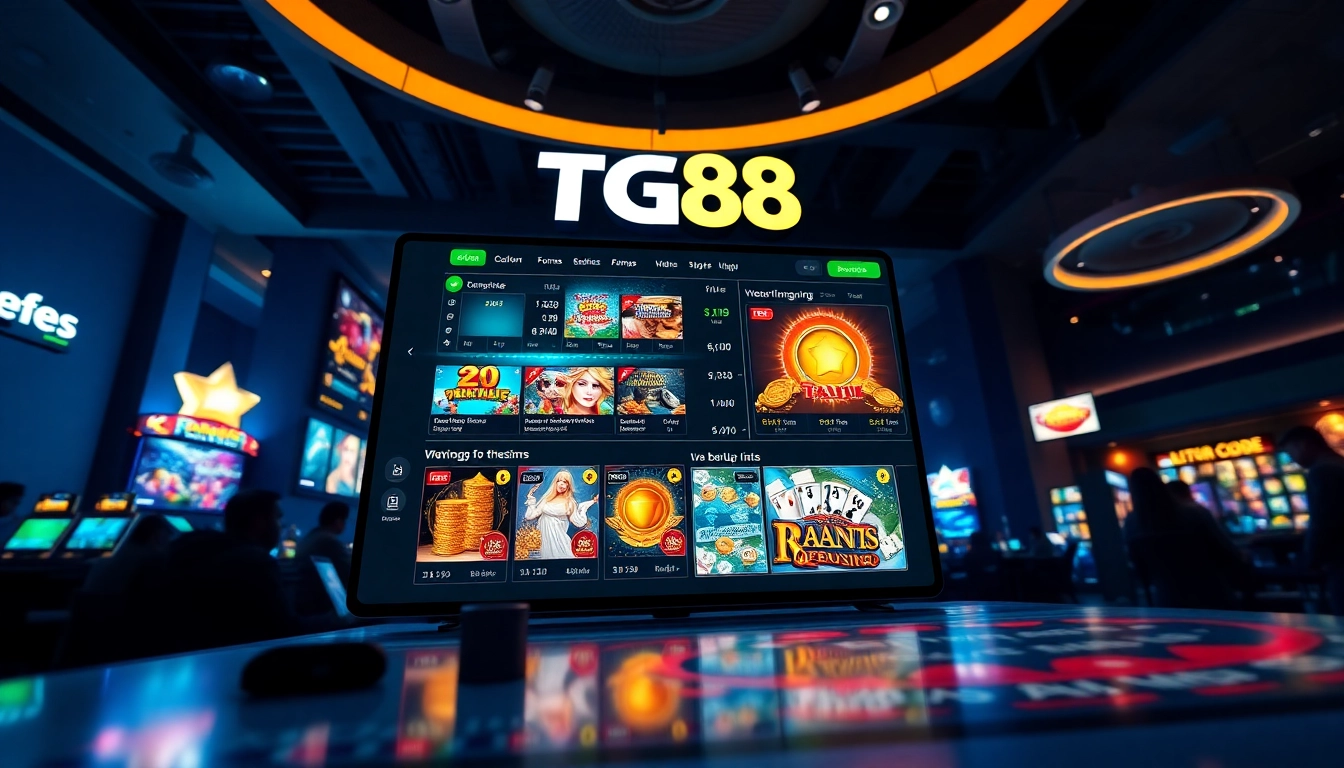 TG88 online gambling platform showcasing vibrant casino games and live betting options in a luxurious environment.