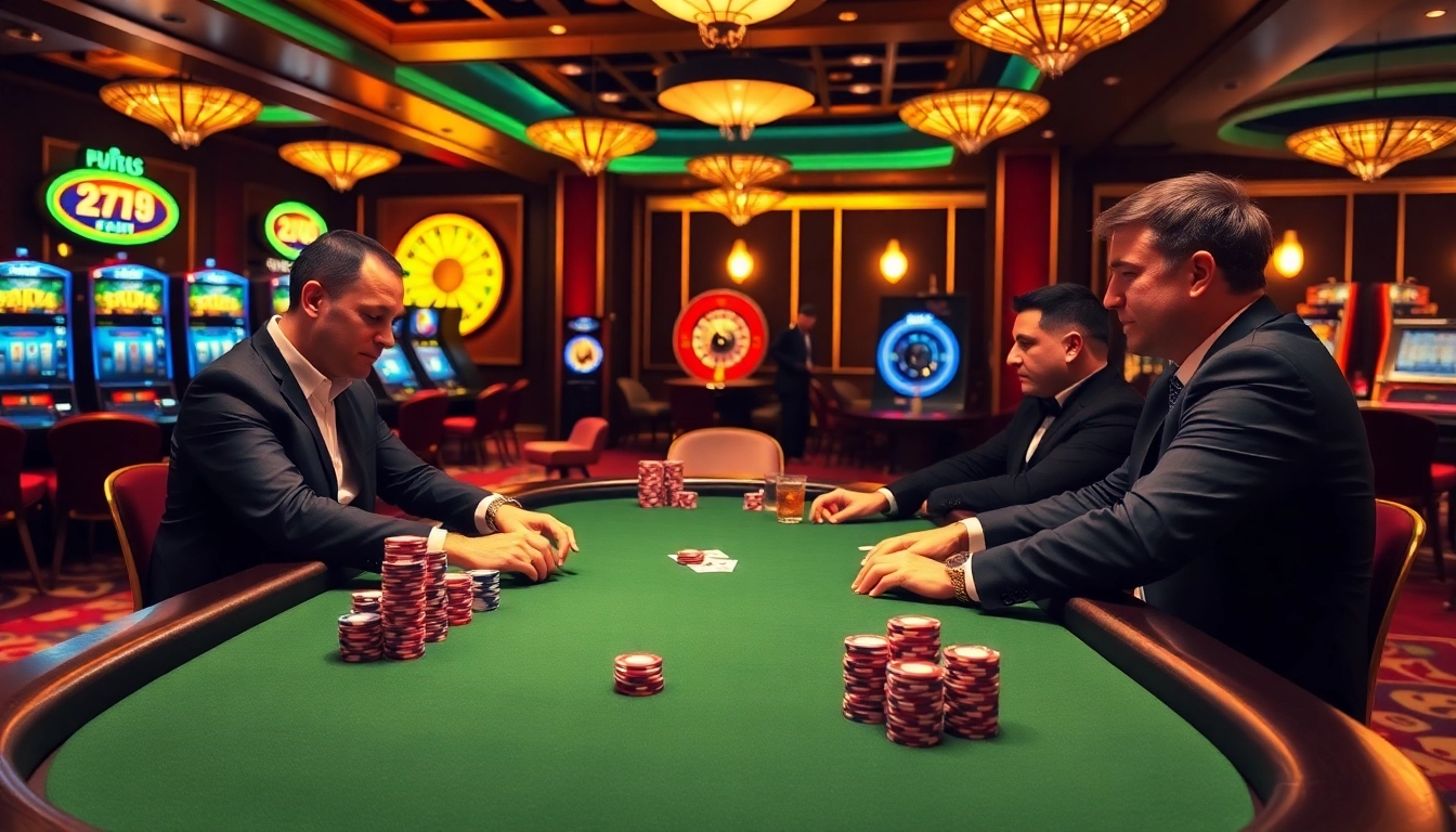 Players strategizing at a Texas Hold'em table at https://789f.town/ with colorful poker chips and an inviting casino ambiance.