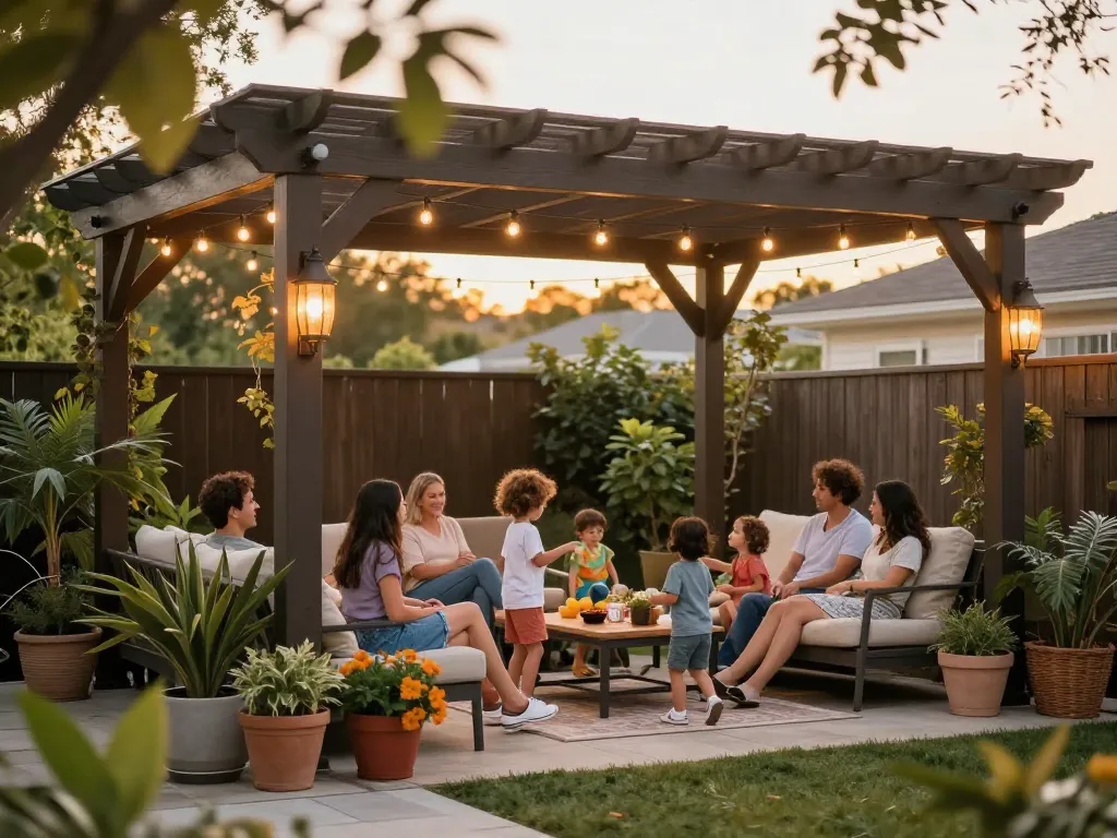 Family enjoying time under a beautifully designed pergola configurator, surrounded by greenery and warm lighting.