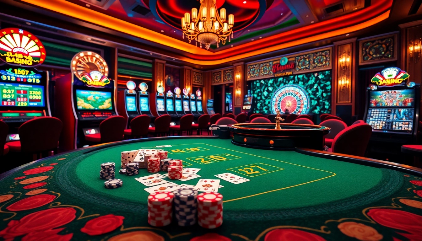 Experience the excitement of Nhà cái Fly88 with vibrant casino tables, cards, and roulette wheels in a luxurious atmosphere.