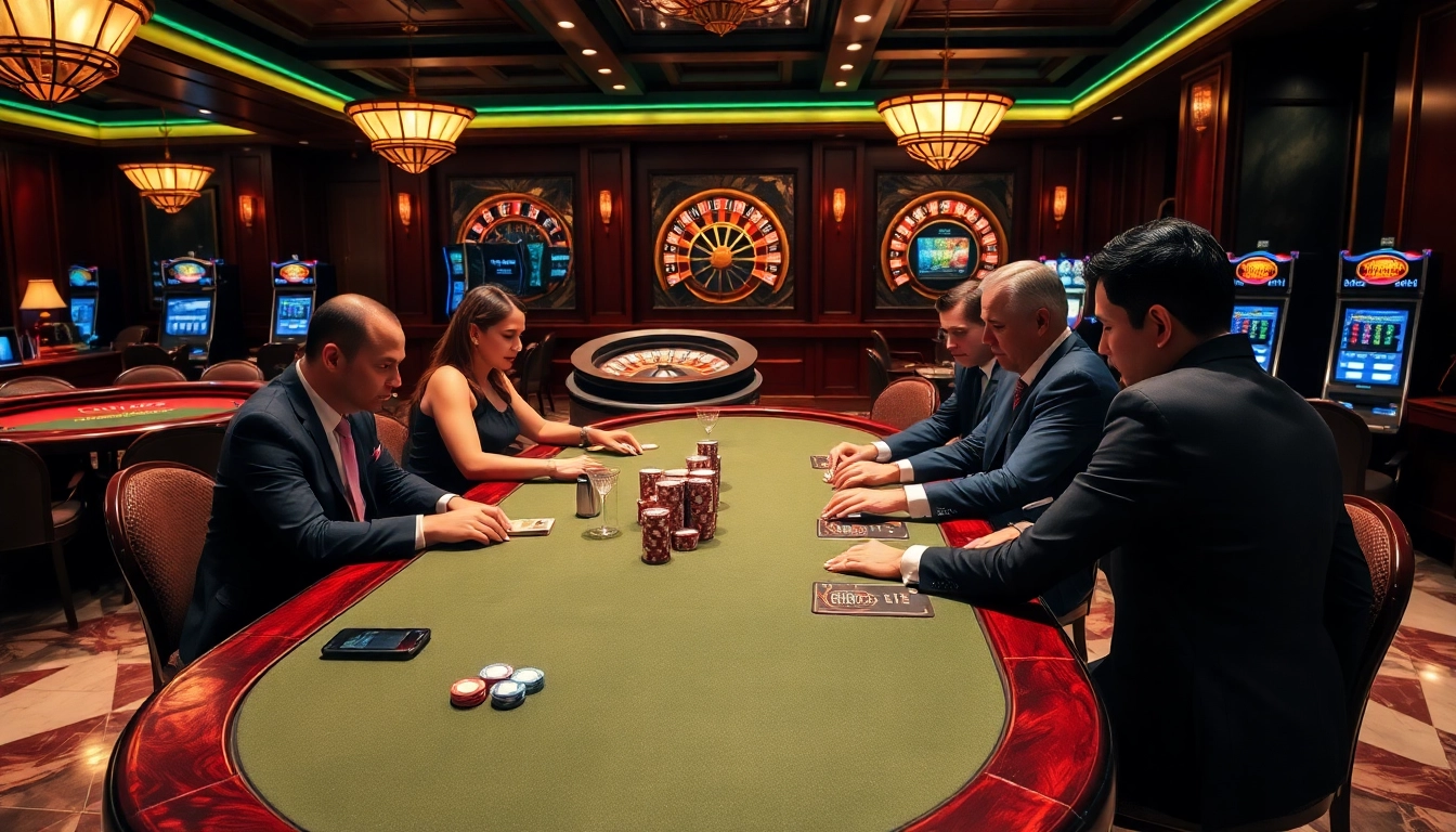 OK8386 players engaging intensely at a poker table in a luxurious casino.