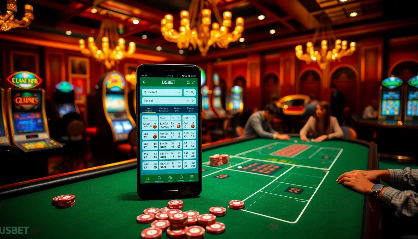 Experience the excitement of USBET with a vibrant casino scene showcasing thrilling games and interfaces.