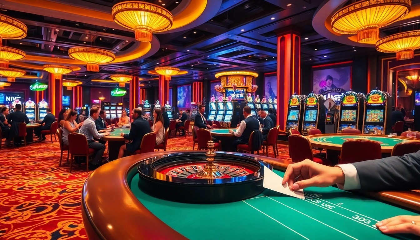 Exciting gambling scene at 388bet casino with players at poker tables and colorful slot machines.