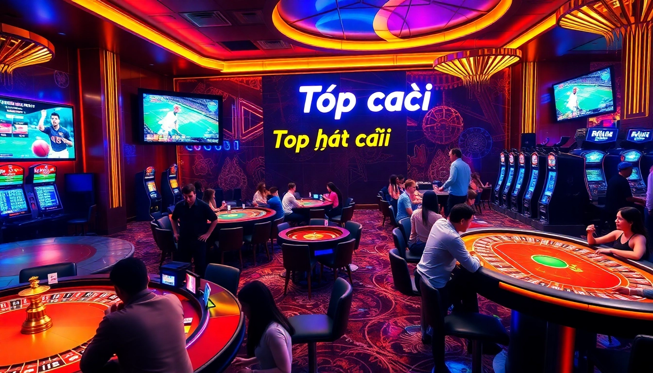 Experience the thrill of the Top nhà cái casino with vibrant gaming tables filled with eager players enjoying their favorite games.