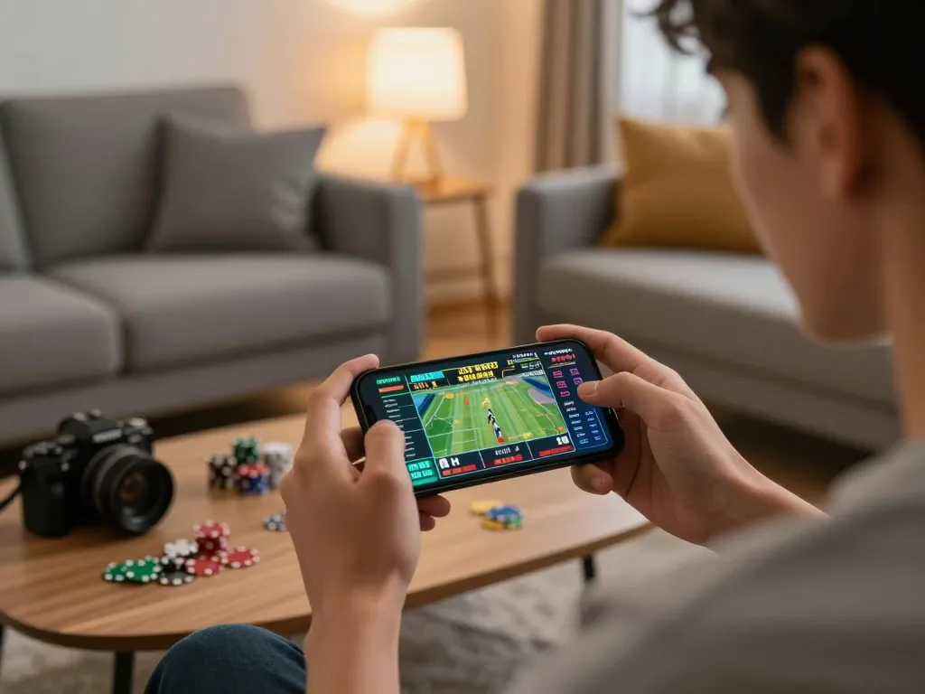 Người chơi sử dụng ứng dụng 12bet để đặt cược thể thao, thể hiện sự phấn khích và trò chơi hấp dẫn.
