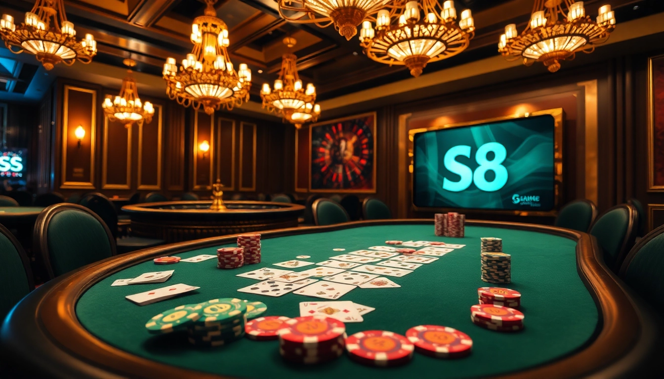 Experience thrilling action at the high-stakes S 8 poker table with vibrant chips and cards.