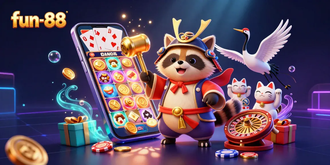 Spin and win at fun-88 with lucky tanuki and colorful casino elements in a vibrant 3D scene.