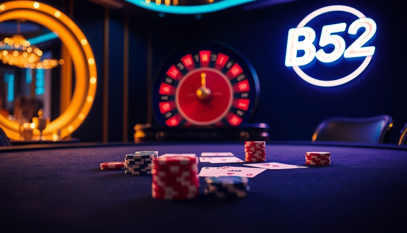 B52 poker table with vibrant chips and cards set in a luxurious casino ambiance.