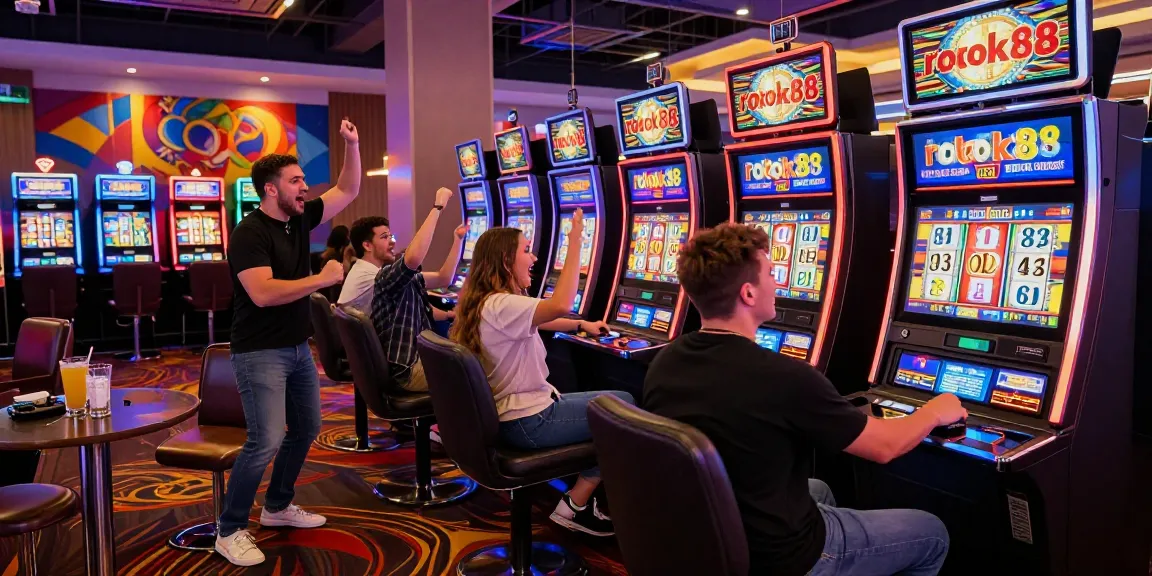 Friends enjoying rokok88 slot at a vibrant casino with colorful lights.