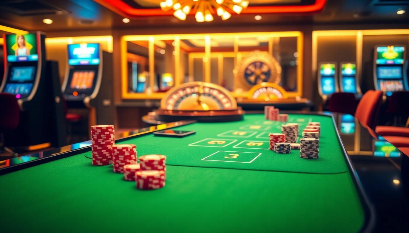 Experience the thrill of gaming at 32Win with vibrant casino tables filled with poker chips.