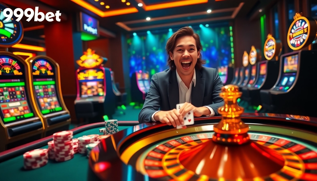 A dynamic online gaming scene featuring 999bet, roulette table, poker chips, and players engaged in casino action.