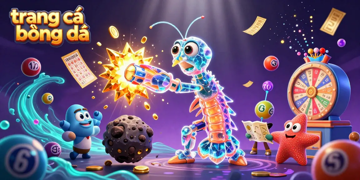 Engaging scene showcasing trang cá cược bóng đá with vibrant lottery elements, dynamic characters, and a luminous cosmic backdrop.