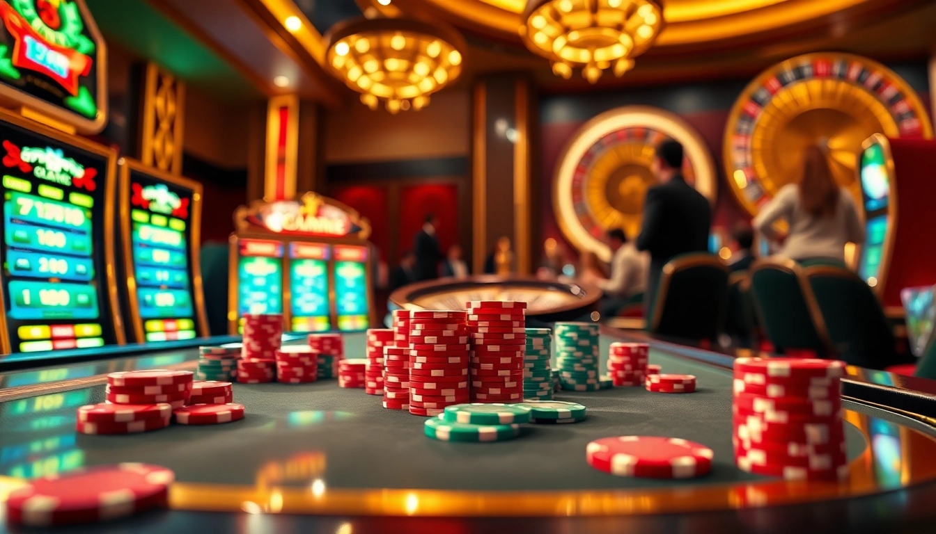 S8 casino scene showcasing vibrant poker chips and slot machines in a luxurious setting