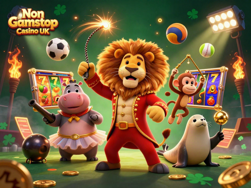 Enjoy a vibrant 3D scene illustrating the Non Gamstop Casino UK with animated characters engaging in casino activities.