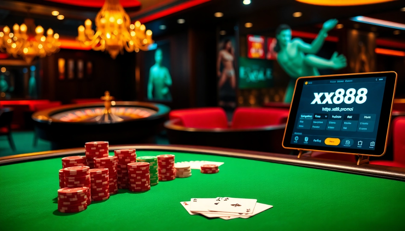 Exciting gambling scene with poker chips and cards highlighting https://xx88.promo/ for a luxurious betting experience.
