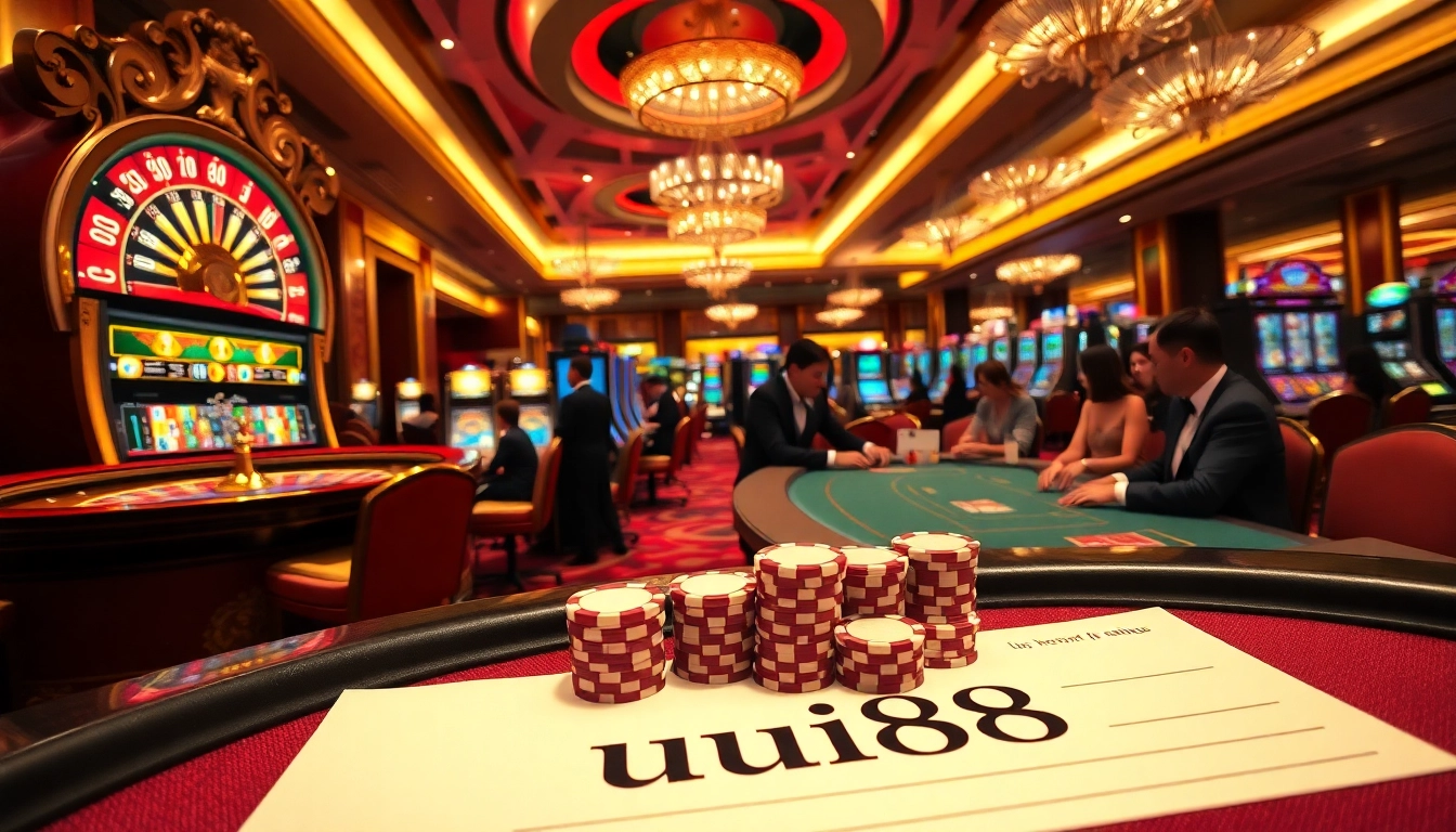 uu88 players engaging in poker at a luxurious casino, showcasing vibrant slots and roulette.