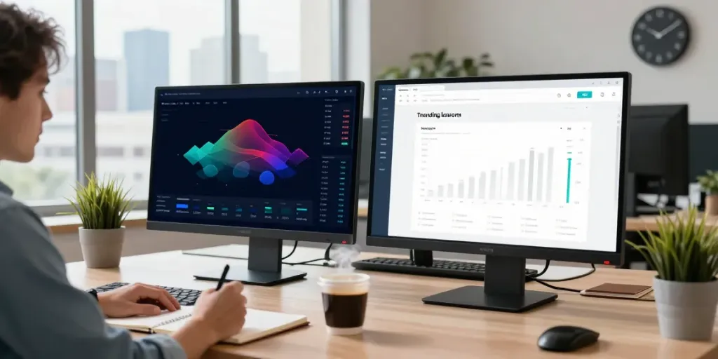 Marketer engaged in digital analysis of instant indexing metrics in a modern workspace.