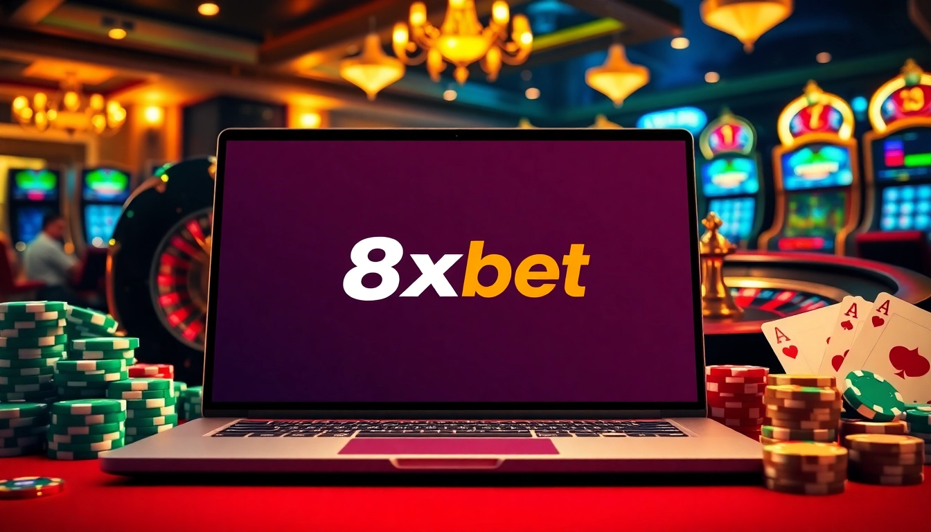 Experience the excitement of tải 8xbet on your mobile device with vibrant casino visuals featuring poker chips and roulette.