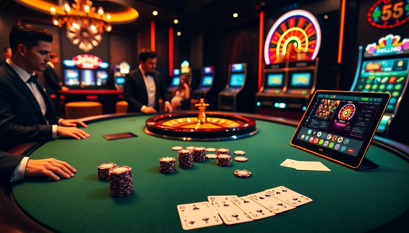 Experience pg88 thrill with poker chips and casino tables in a vibrant gaming scene.