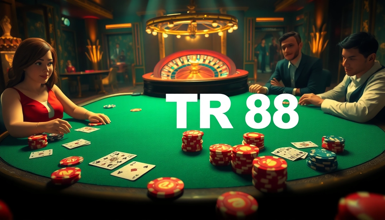 The TR88 online gambling interface seamlessly integrates with an exciting casino poker scene filled with chips and cards.