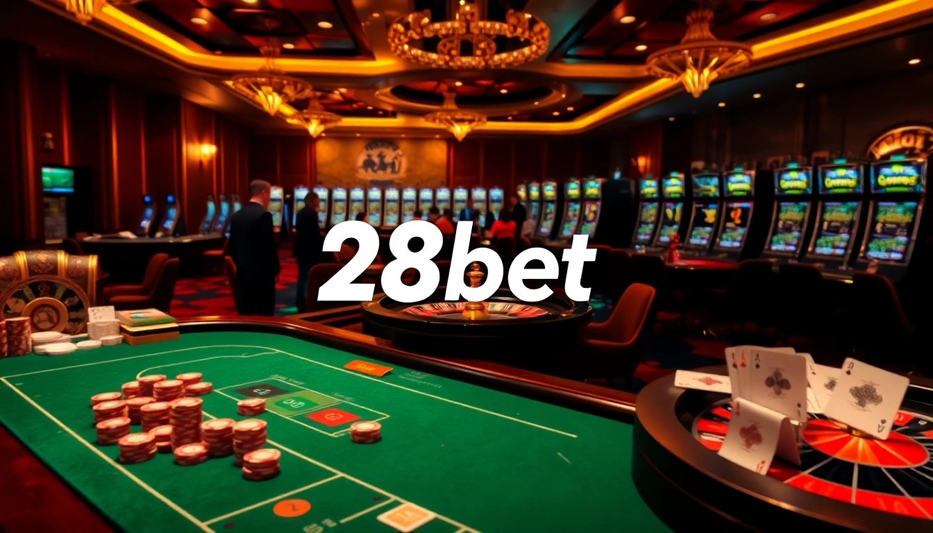 28bet online betting interface showcasing an exciting casino atmosphere with roulette and poker elements.