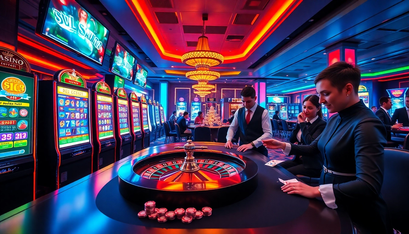 Players enjoying thrilling games at https://rr88csn.com/ featuring exciting slot machines and vibrant roulette wheels.