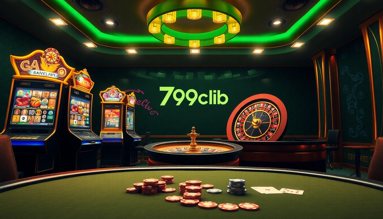 Experience the thrill of 789club with a luxurious virtual casino featuring slot machines and a poker table.