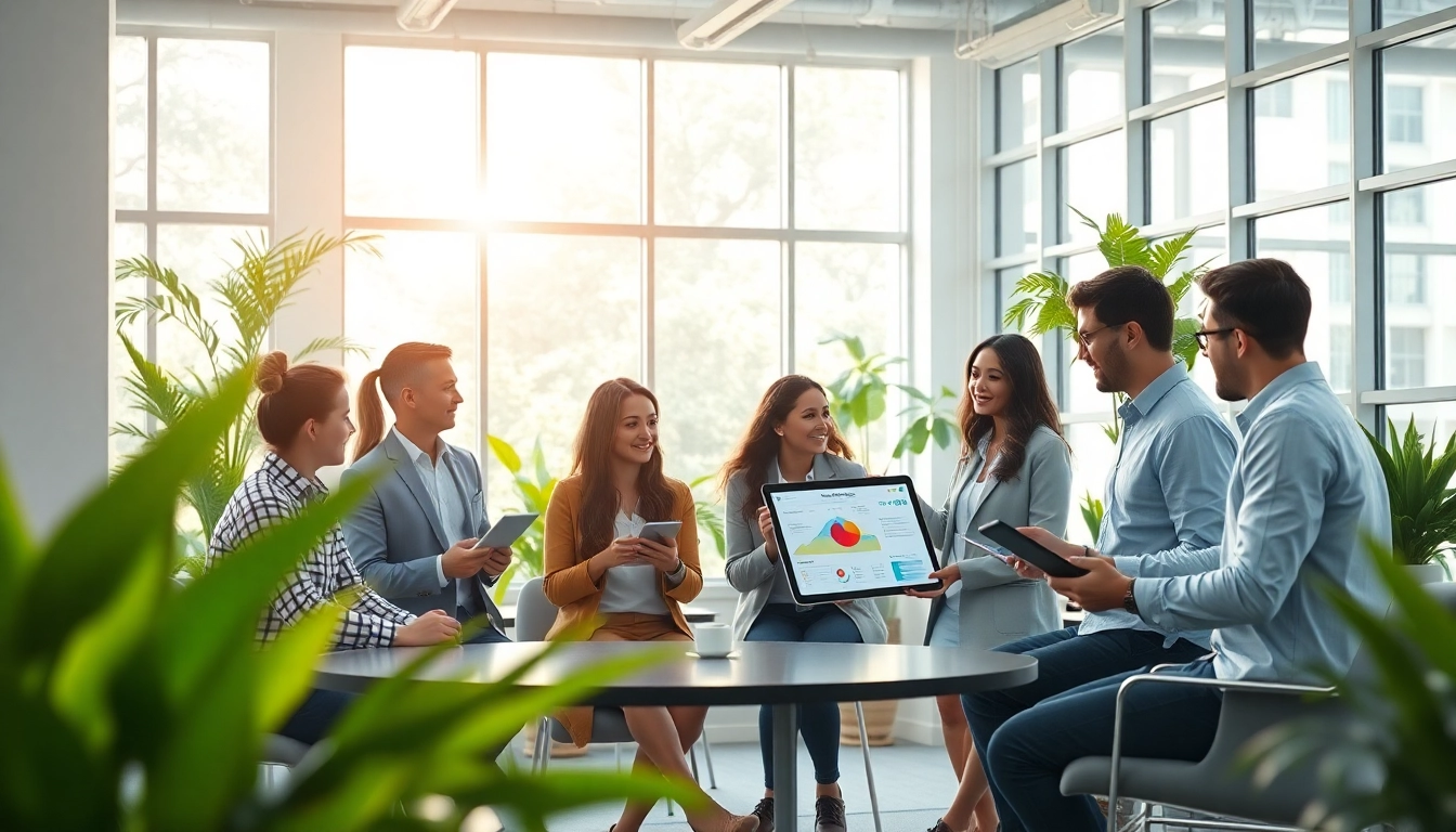 Dynamic workspace reflecting innovation and wellness at lifepp.click, featuring professionals collaborating in a modern office.