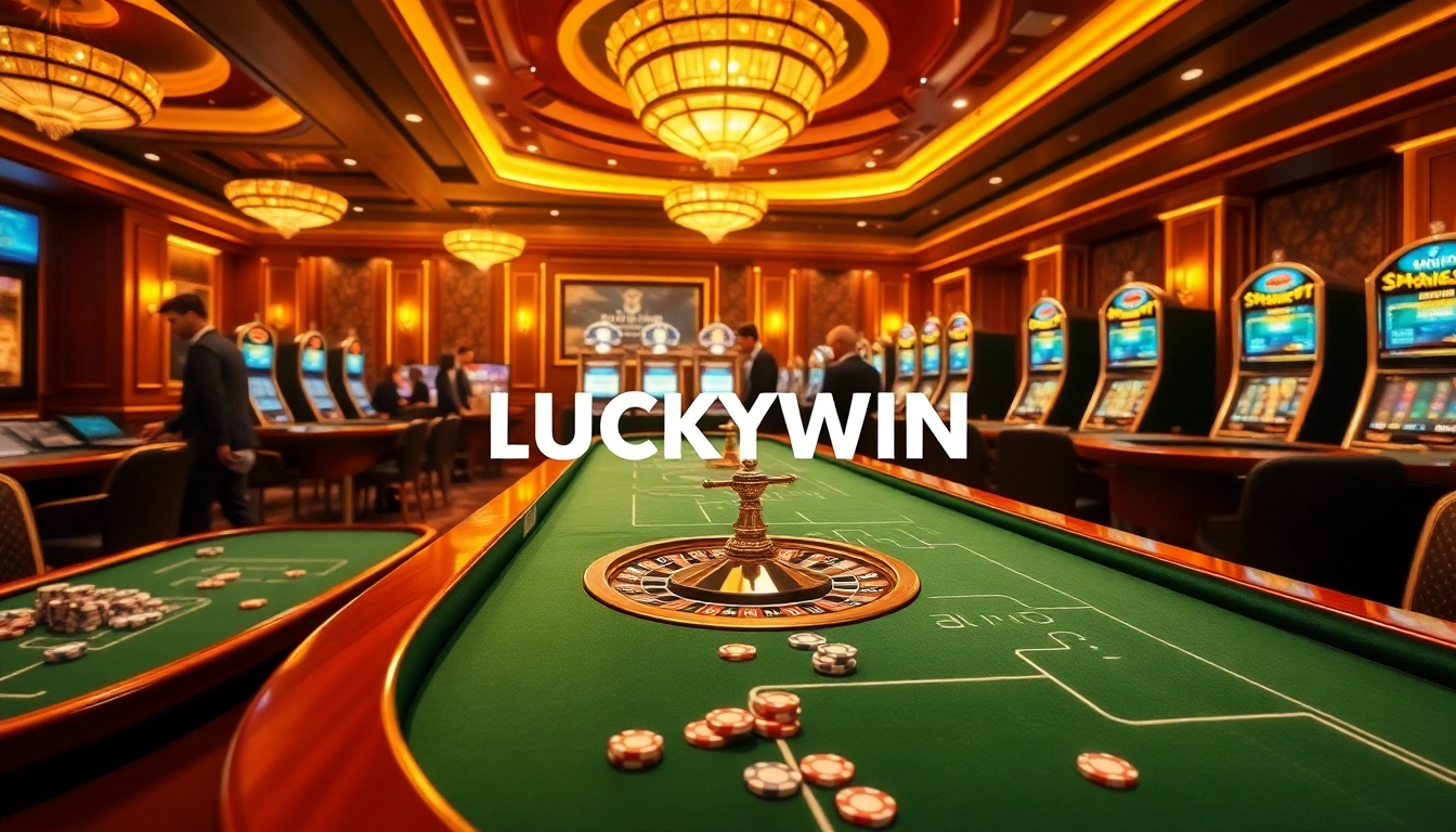 LUCKYWIN online casino interface with vibrant tables, slot machines, and excited players enjoying gambling.