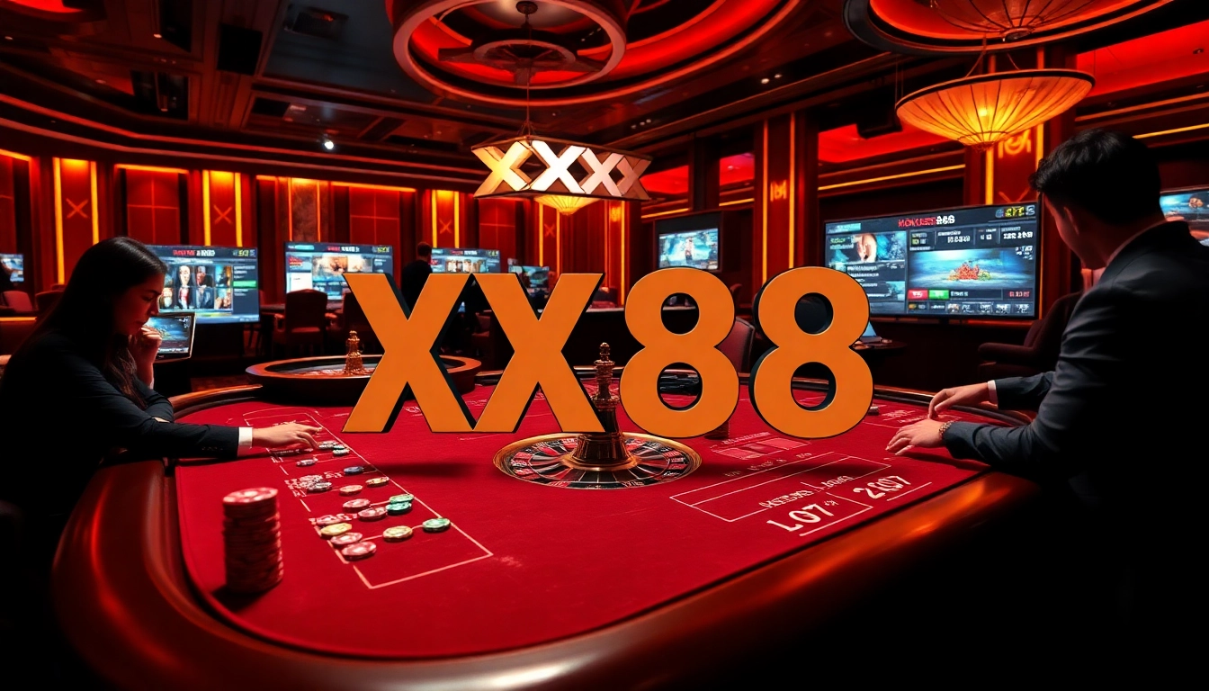 Experience the thrill of gambling at XX88 with poker chips and a vibrant casino scene.