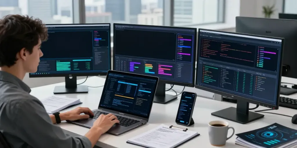 Focused analyst in a modern cybersecurity workspace, analyzing data streams to click to investigate potential threats.
