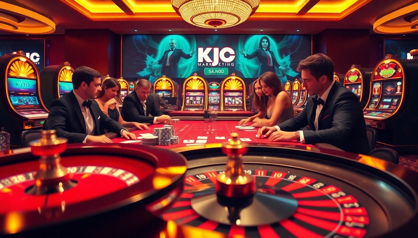 Experience the thrill of gaming at KJC.Marketing's upscale casino, featuring poker tables and roulette wheels.