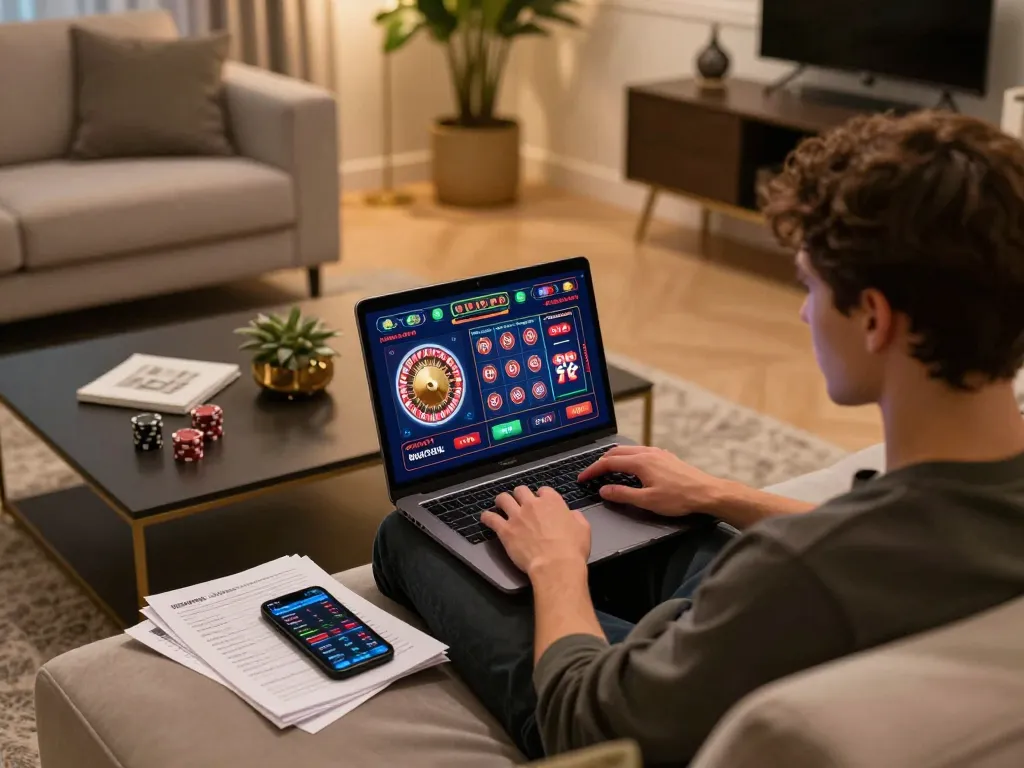 gmnc user enjoying an online casino game on a modern laptop during a cozy evening