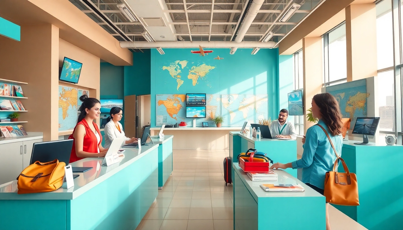Dynamic travel agency interior highlighting fly888 services with agents assisting clients.