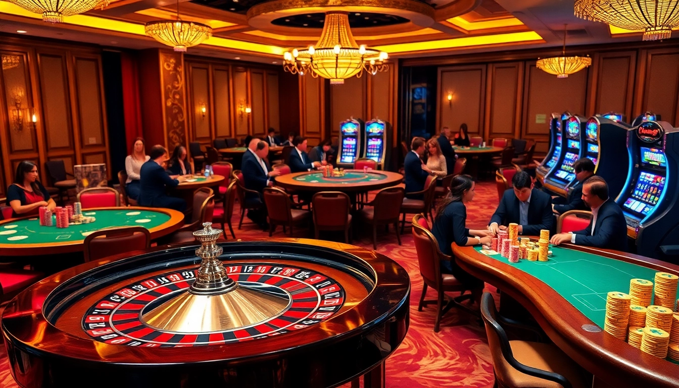 Excited players engaging at a luxurious 89bet casino table with roulette and poker games.